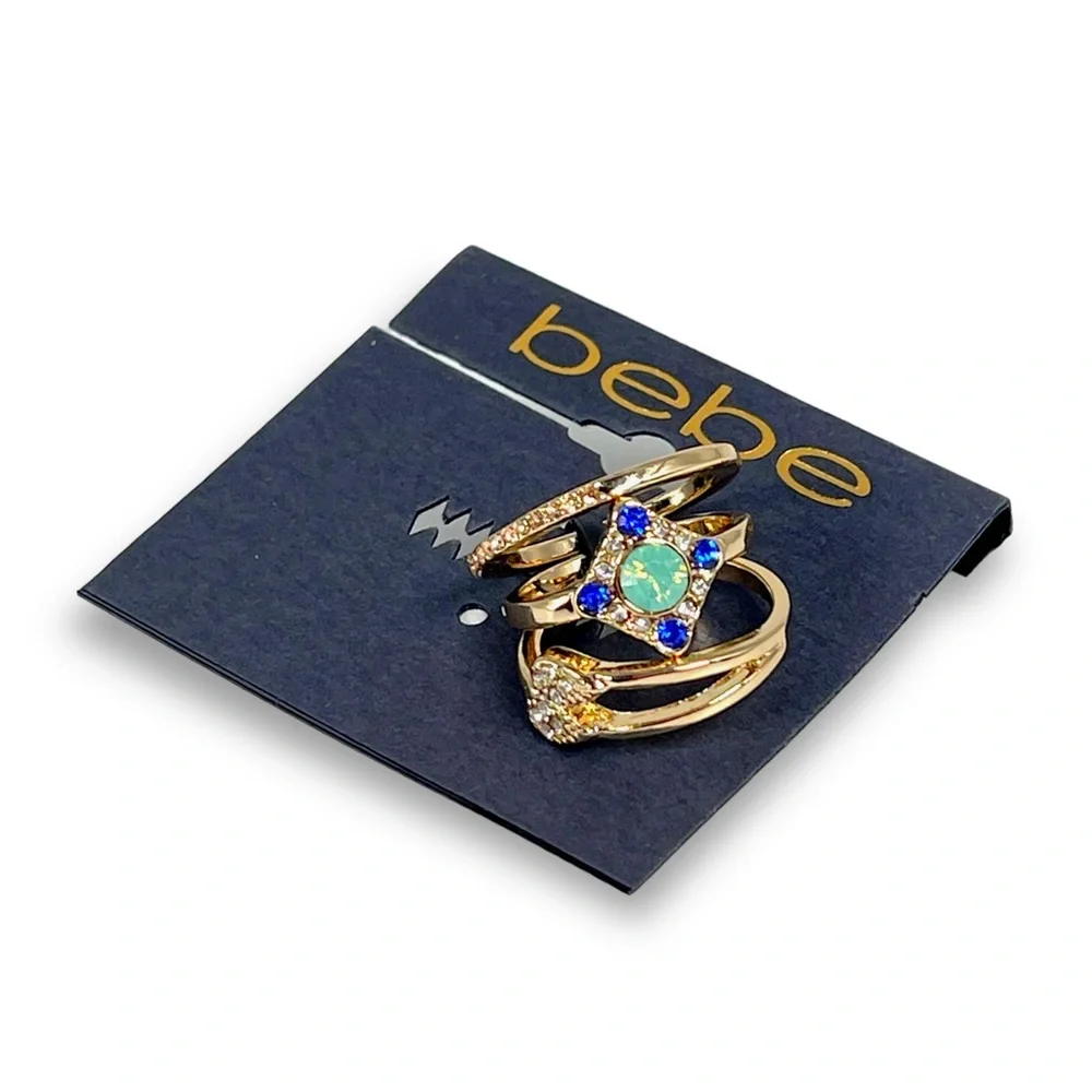 Bebe - Set of Three Gold Toned Stackable Rings Rhinestone Stacking Rings